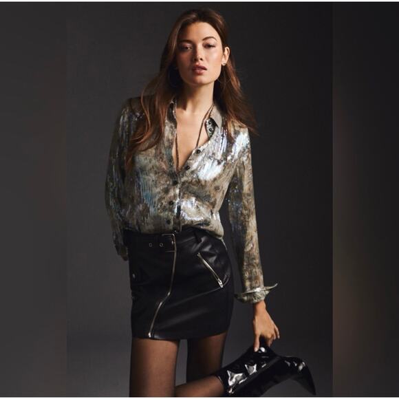 Anthropologie Pilcro Silver and Gray Sequin Button Up Blouse Shirt Sz Large NEW - Picture 1 of 14